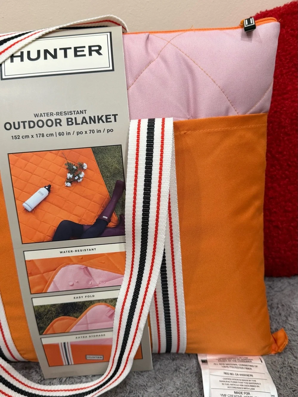 Hunter Pink and Orange Striped-Handle Outdoor Blanket Tote